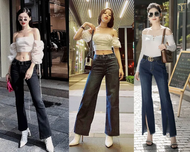 Quần jeans đen với áo trễ vai