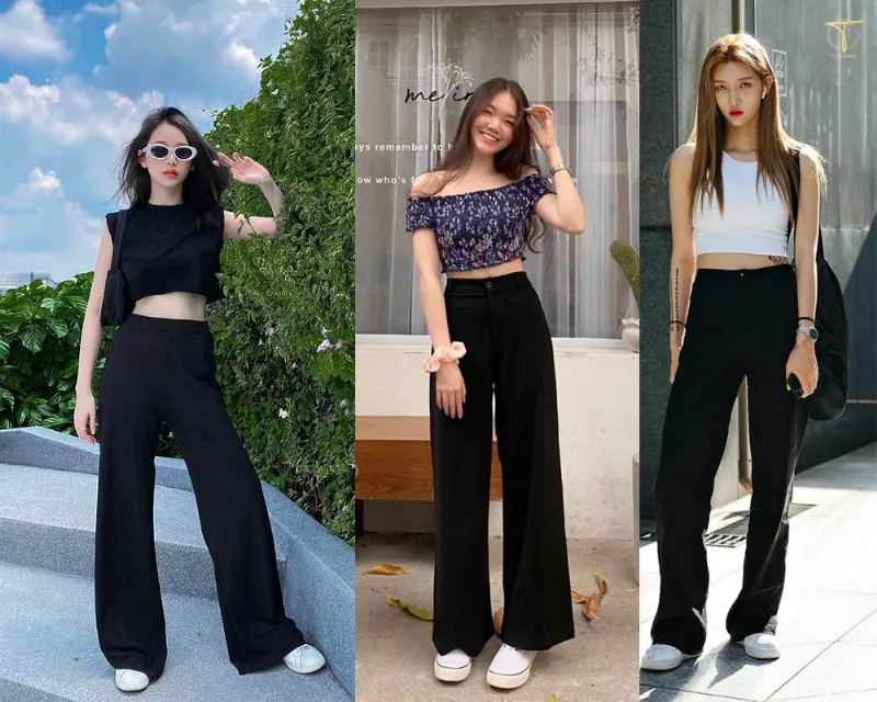 Quần ống rộng đen mix cùng áo croptop